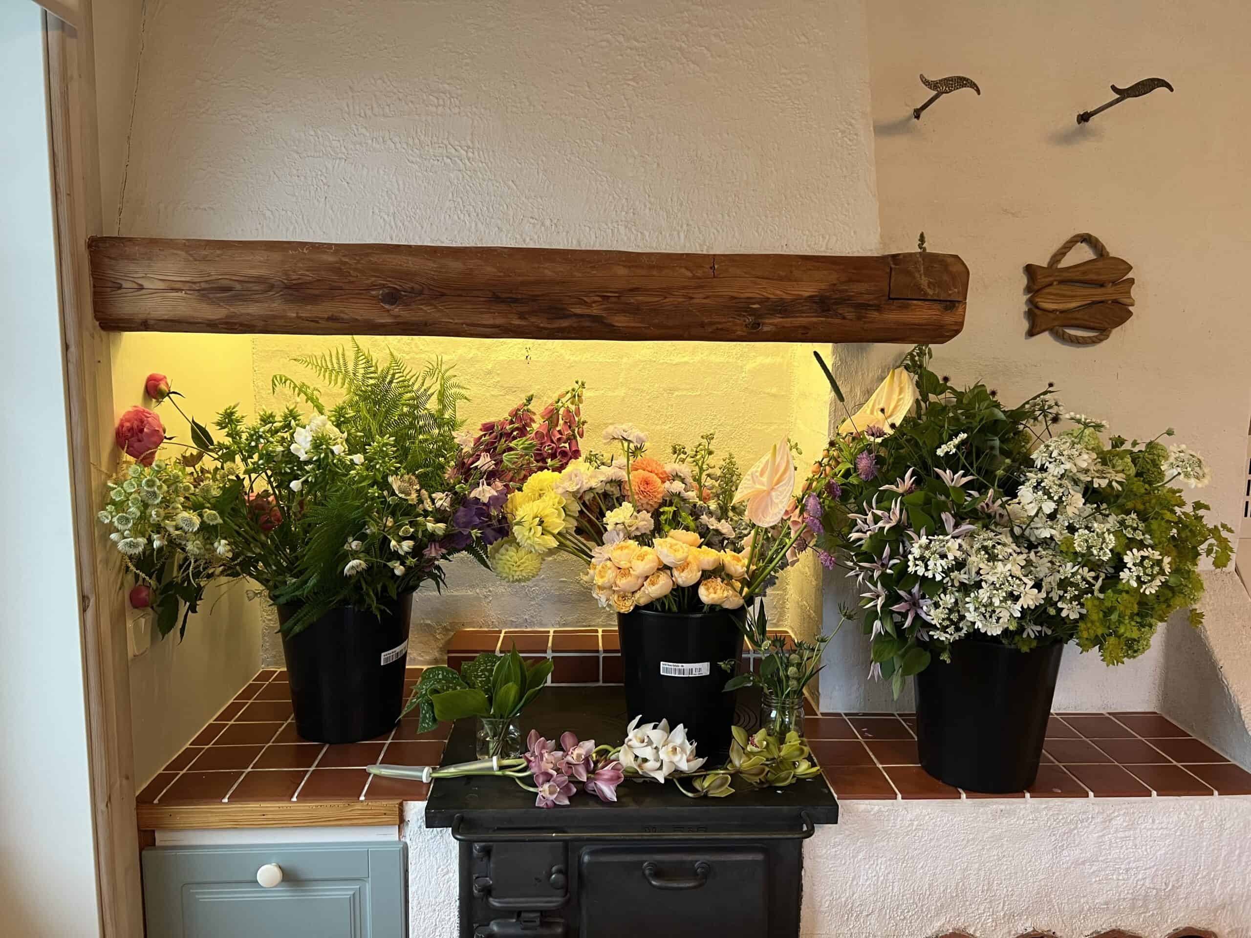 a bank filled with buckets of flowers in many different colors