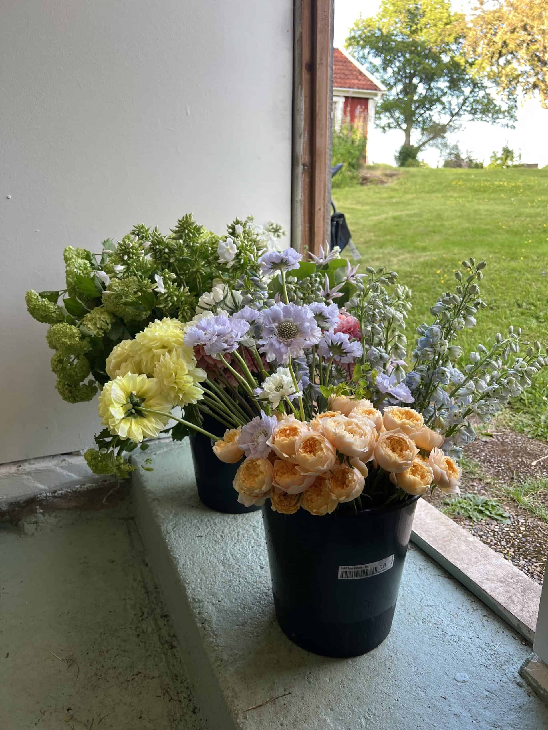 buckets of blooms on a staircase looking out to the green swedish countryside