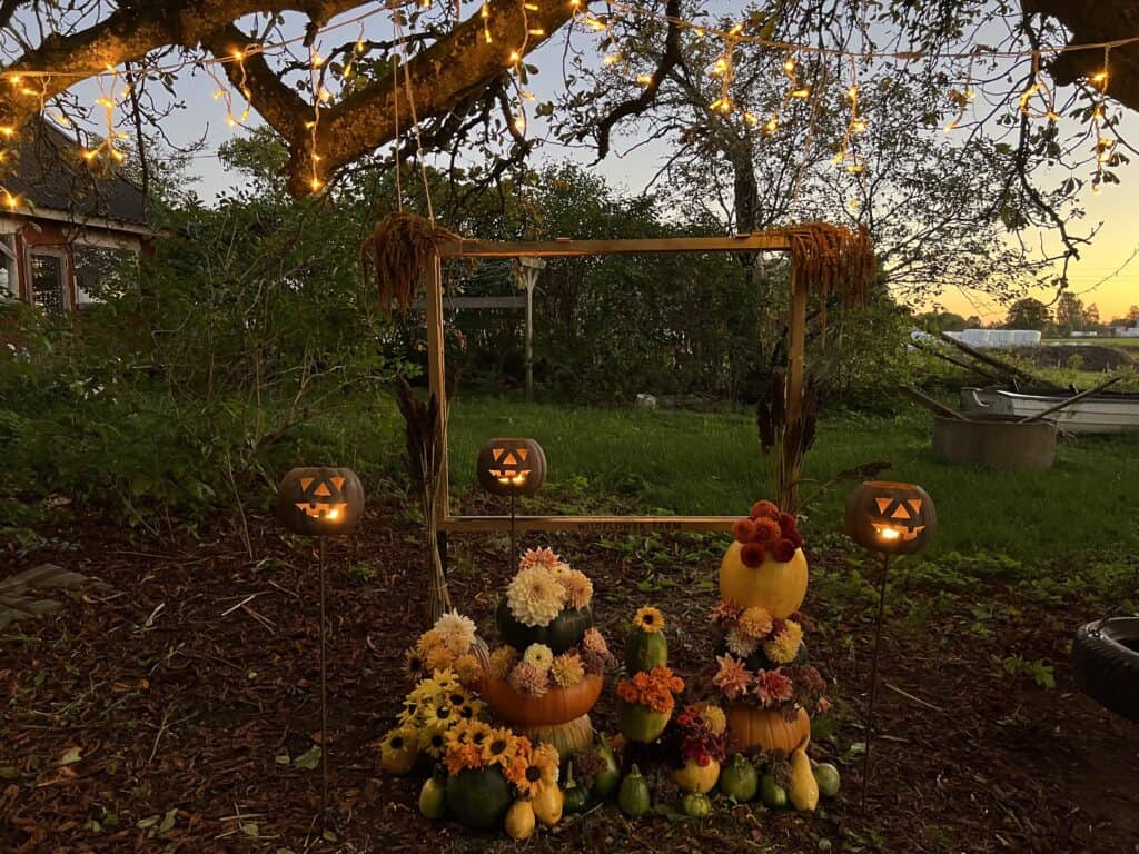 a picture frame decorated with dried flowers, fresh flowers and pumpkins at sunset with pumpkin metal sculptures
